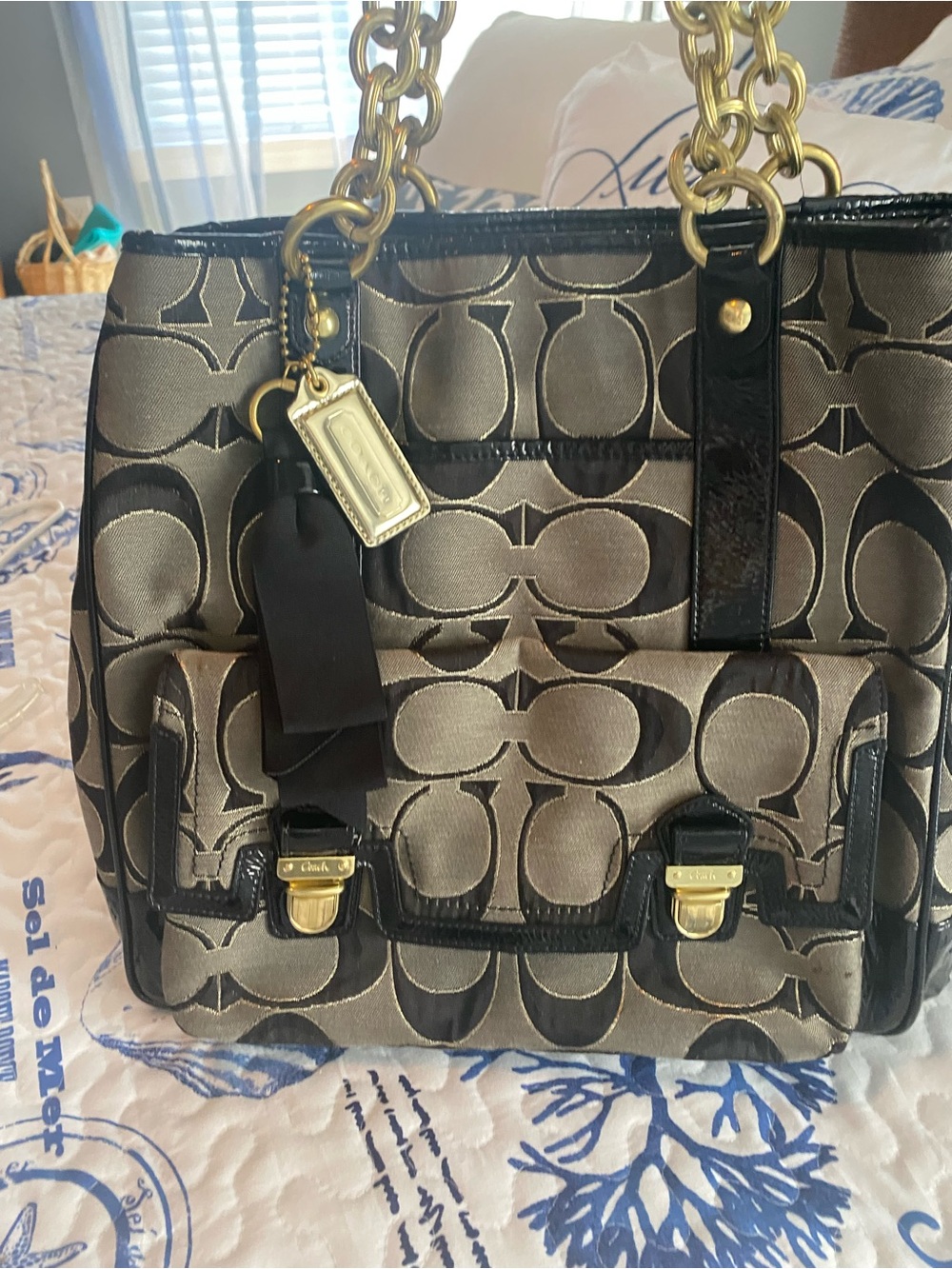 Coach Black and Beige Signature Shoulder Bag with Gold Hardware